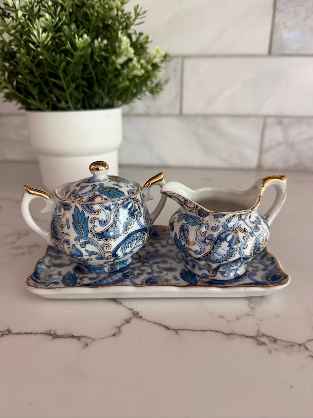 Vintage Lefton China Blue Paisley Mini Sugar & Creamer set with matching tray